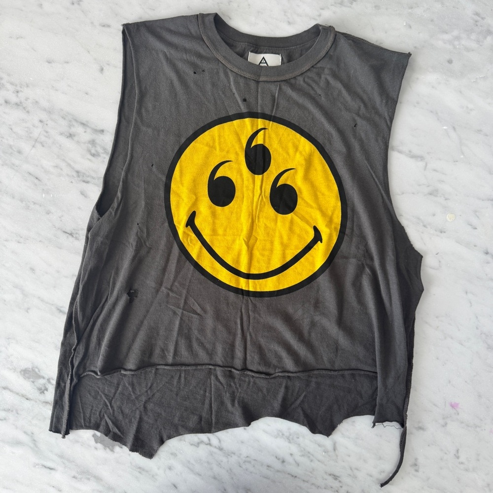 UNIF Smiley Face Cropped Distressed Tee 6 Eyes Muscle Tank Cotton Blend Urban